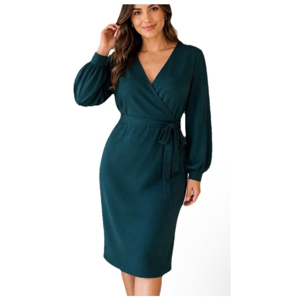 Elegant Teal Green Wrap Dress XL Stretch Midi Casual Minimalist Office Staple